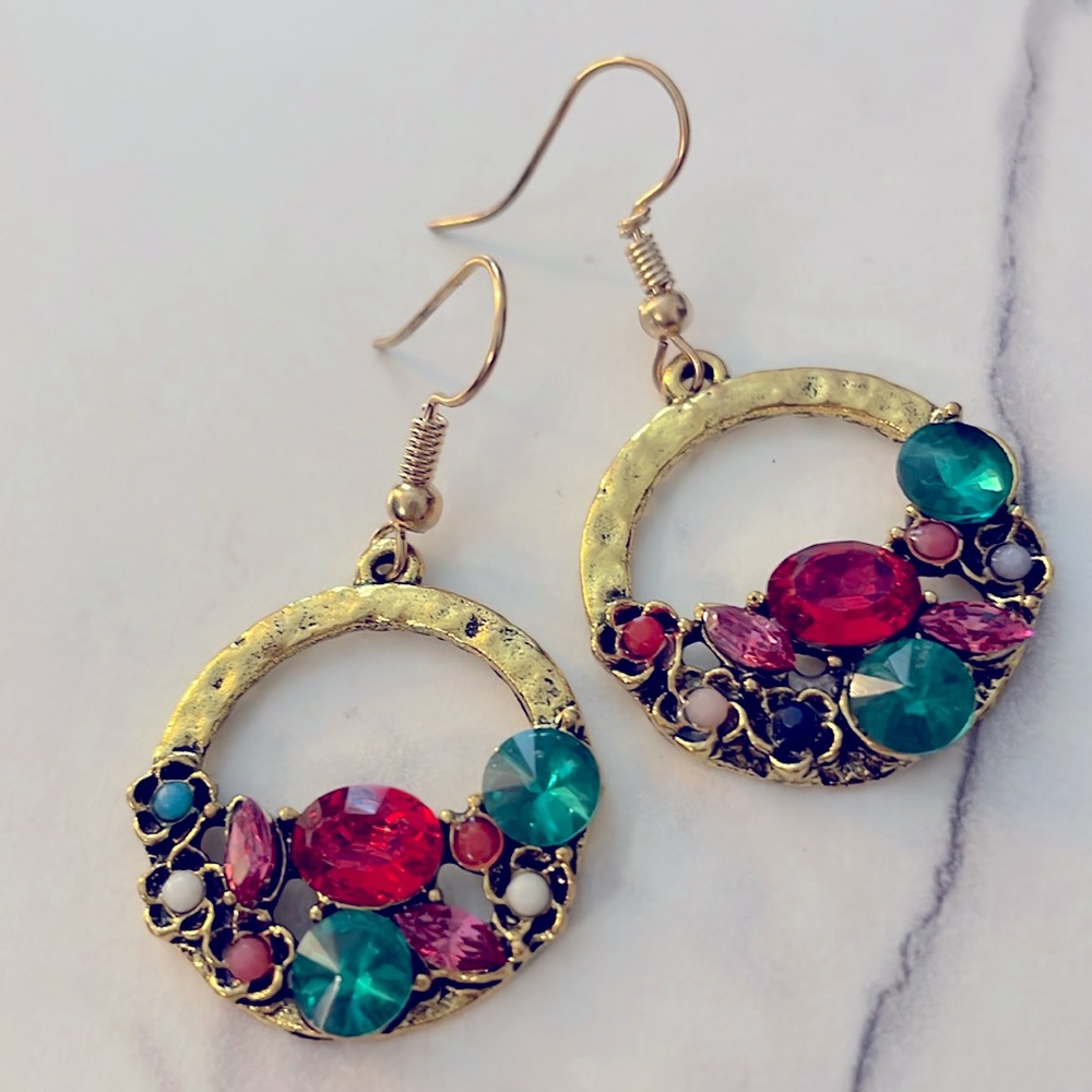Elegant Hammered Gold and Multicolor Gem Flat Hoop Earrings - Picture 7 of 9